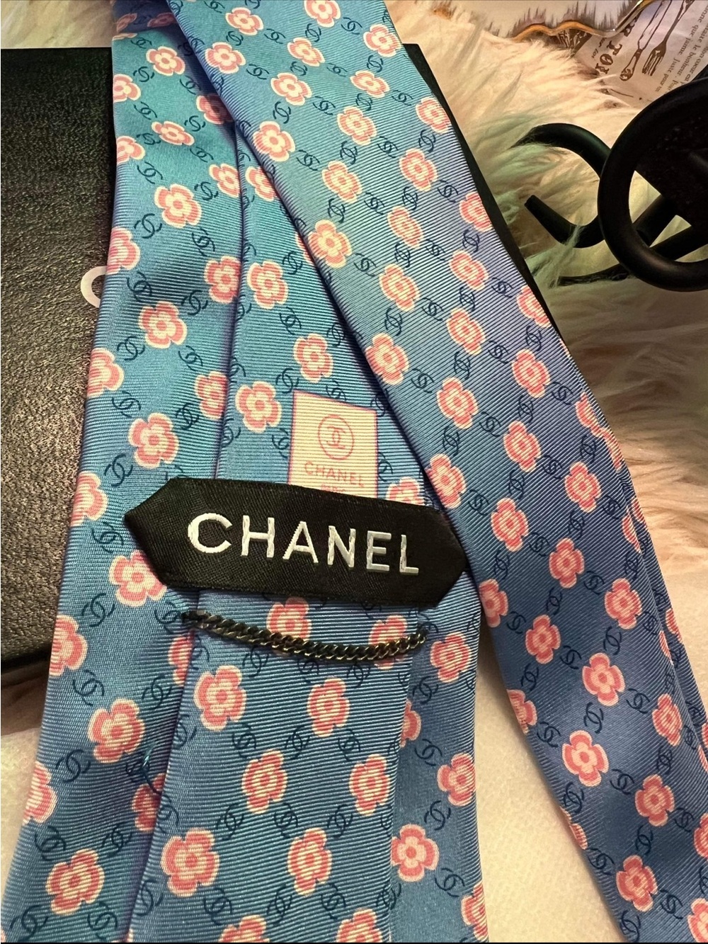 CHANEL Blue Silk Tie with Pink Floral Motif
